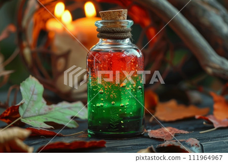 enchanting fairy tale potion brewing on vibrant wooden table, Generative AI enchanting fairy tale potion brewing on vibrant wooden table, Generative AI 111964967