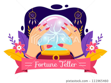 Fortune Teller Vector Illustration with Crystal Ball, Magic Book or Tarot for Predicts Fate and Telling the Future Concept in Flat Cartoon Background Fortune Teller Vector Illustration with Crystal Ball, Magic Book or Tarot for Predicts Fate and Telling the Future Concept in Flat Cartoon Background 111965460