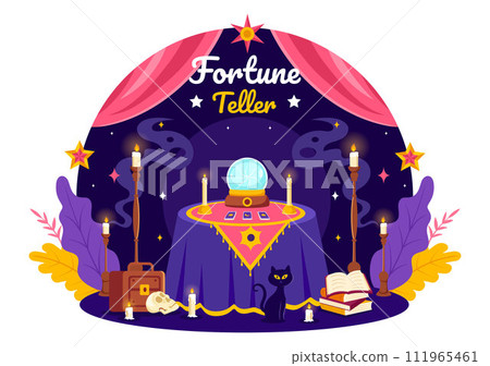 Fortune Teller Vector Illustration with Crystal Ball, Magic Book or Tarot for Predicts Fate and Telling the Future Concept in Flat Cartoon Background 111965461