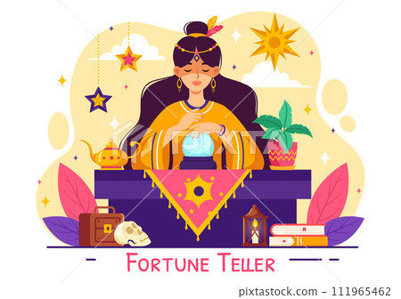 Fortune Teller Vector Illustration with Crystal Ball, Magic Book or Tarot for Predicts Fate and Telling the Future Concept in Flat Cartoon Background 111965462