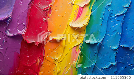 Colorful abstract of flowing paint, showcasing a vivid spectrum of colors with a glossy, wet texture. Generative AI. 111965560