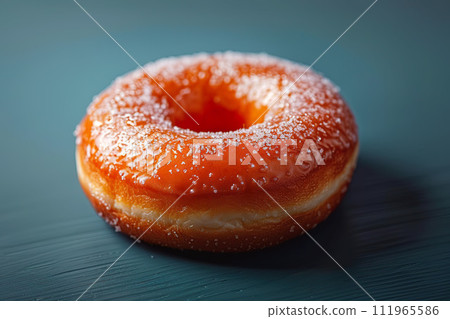 Close-up of a freshly glazed donut with a sparkling sugar coating on dark background. Generative AI. Close-up of a freshly glazed donut with a sparkling sugar coating on dark background. Generative AI. 111965586