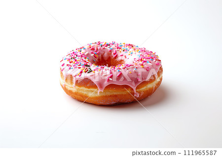 A classic donut topped with pink icing and a cheerful sprinkle of colorful confetti on white background. Generative AI. 111965587