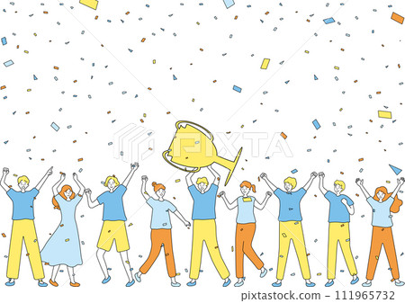 眾人興奮地高舉獎杯 眾人興奮地高舉獎杯 111965732