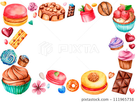 Cute watercolor-style sweets illustration frame of chocolate and macarons AI image 111965738