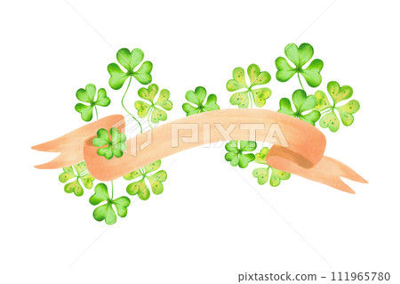 Brown ribbon for text with clover leaves for St. Patrick's Day.Watercolor and marker illustration. Hand drawn isolated stripe for banner.Botanical composition for holiday decoration. Brown ribbon for text with clover leaves for St. Patrick's Day.Watercolor and marker illustration. Hand drawn isolated stripe for banner.Botanical composition for holiday decoration. 111965780