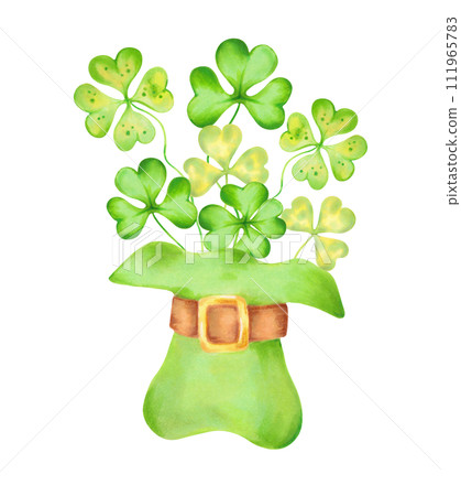 Leprechaun top hat with clover for St.Patrick's Day. Illustration with watercolors and markers.Clip art composition of a hat with petals.Hand drawn isolated art.Sketch of classic retro vintage style. 111965783