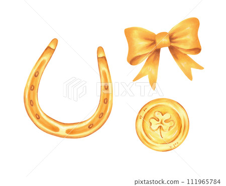 Gold coin with horseshoe and bow for St. Patrick's Day. Illustration with watercolors and markers. Clip art with metal structure.Hand drawn isolated art. Sketch of classic retro vintage style. 111965784
