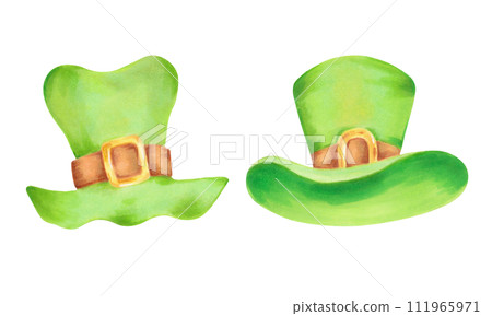 Green leprechaun top hat for St. Patrick's Day. Illustration with watercolors and markers. Clip art of a hat with a gold buckle. Hand drawn isolated art. Sketch of a classic retro vintage top hat. Green leprechaun top hat for St. Patrick's Day. Illustration with watercolors and markers. Clip art of a hat with a gold buckle. Hand drawn isolated art. Sketch of a classic retro vintage top hat. 111965971