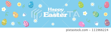 Easter poster and banner template with Easter eggs. Easter greetings in flat style. 111966224