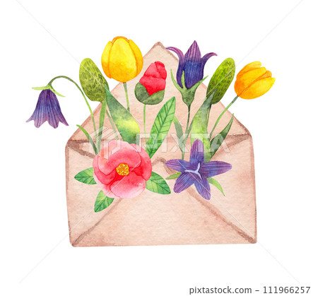 Paper envelope with flowers from the garden. Watercolor simple illustration. Seasonal decoration with tulips, thistles and bluebells. Spring botanical composition for Easter. Hand drawn isolated art. Paper envelope with flowers from the garden. Watercolor simple illustration. Seasonal decoration with tulips, thistles and bluebells. Spring botanical composition for Easter. Hand drawn isolated art. 111966257