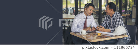 Banner asian engineer man brainstorming teams partner meeting office desk on construction site. Architecture civil Engineer contractor manager team meeting together. Teamwork business with copy space Banner asian engineer man brainstorming teams partner meeting office desk on construction site. Architecture civil Engineer contractor manager team meeting together. Teamwork business with copy space 111966754