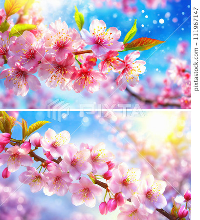 Cherry blossoms in full bloom against the shining blue sky (2 images) | Edit adobe AI-generated image that clears copyright issues 111967147