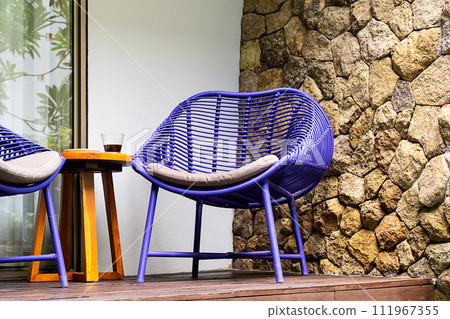 Summer lounge terrace. Patio area with two chairs and table. Summer lounge terrace. Patio area with two chairs and table. 111967355