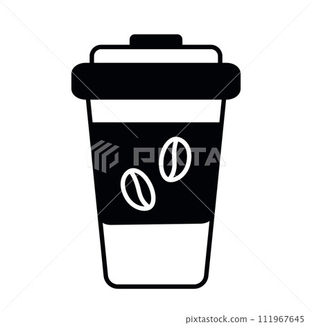 Disposable paper coffee cup with beans on label and lid. Design concept for cards, posters, banners Disposable paper coffee cup with beans on label and lid. Design concept for cards, posters, banners 111967645