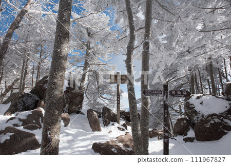 Ice-covered trees, signs, blue skies, and snow on the Shibunoyu route (Nakayama Pass) on Mt. Higashitengu in midwinter in Chino City, Nagano Prefecture Ice-covered trees, signs, blue skies, and snow on the Shibunoyu route (Nakayama Pass) on Mt. Higashitengu in midwinter in Chino City, Nagano Prefecture 111967827