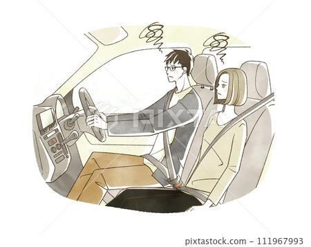 A man and a woman who are in trouble while driving a car A man and a woman who are in trouble while driving a car 111967993