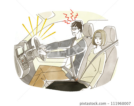 An irritated man and a disillusioned woman while driving a car 111968007
