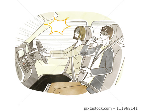 A man and a woman who look pale while driving a car A man and a woman who look pale while driving a car 111968141
