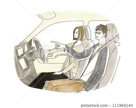 A man and a woman driving a self-driving car A man and a woman driving a self-driving car 111968144