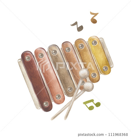 Xylophone Watercolor illustration. Drawing of Baby Toy Piano. Hand drawn clip art on white isolated background. Painting of musical instrument and notes. Educational children games 111968368