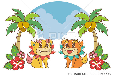 Okinawa palm trees, hibiscus and shisa Okinawa palm trees, hibiscus and shisa 111968659
