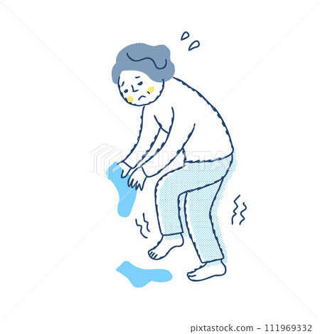 Senior woman standing on one leg and unable to put on socks 111969332