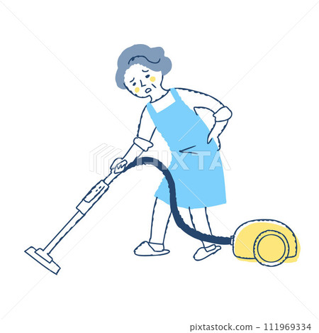 A senior woman with a vacuum cleaner who is suffering from body pain A senior woman with a vacuum cleaner who is suffering from body pain 111969334
