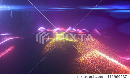 Rainbow energy magic digital futuristic waves with light rays lines and energy particles. Abstract background 111969387