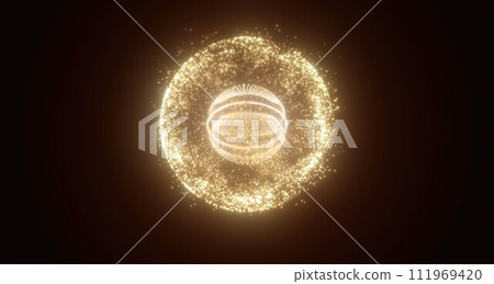 Yellow energy magic circle sphere ball of futuristic waves and lines of particles of atom energy and electricity. Abstract background 111969420