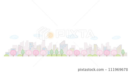 盛開櫻花的城市景觀春天的城市景觀點畫的向量插圖。 111969678