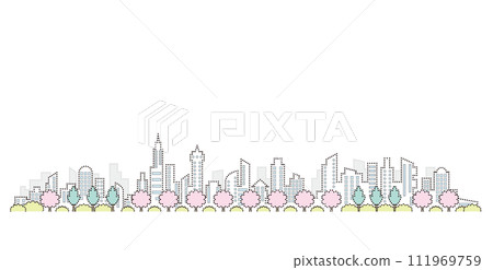 Cityscape with blooming cherry blossoms. Spring cityscape. Vector illustration of dot painting. 111969759