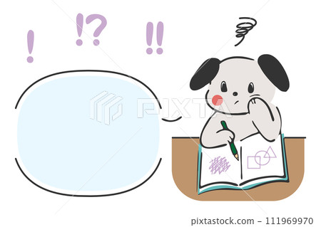 一隻在學習時擔心的狗和一個講話泡泡 111969970