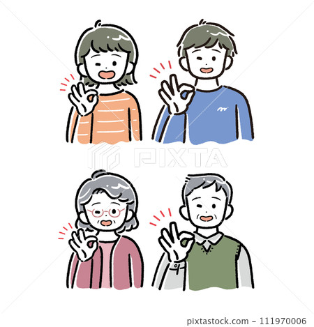 Illustration of thick line touch OK sign men and women (icon, young people, seniors, elderly people) Illustration of thick line touch OK sign men and women (icon, young people, seniors, elderly people) 111970006