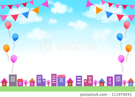 Spring event frame background cityscape, garland and balloons 111970041