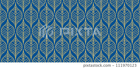 Retro art deco blue gold seamless pattern. Repeated golden leaf floral motif on navy background. Vintage decorative texture for wallpaper, textile, fabric, print swatch. Vector ornament backdrop 111970123