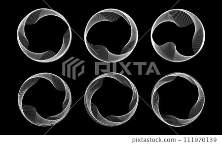 Blend dotted and lined circle frames set. Black white round border collection. Curved wave dot and linear circles on black background. Circular tech border pack. Vector design element bundle Blend dotted and lined circle frames set. Black white round border collection. Curved wave dot and linear circles on black background. Circular tech border pack. Vector design element bundle 111970139