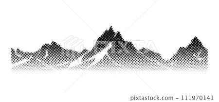 Black halftone mountain range. Grunge texture landscape terrain silhouette. Fading grainy hill chain wallpaper. Grunge dotted noise mountain peak background. Vector scenery rock or sand illustration 111970141