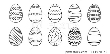 Black and white Easter eggs collection. Spring linear egg icon set with different ornaments. Doodle style Easter illustration pack for card, invitation, print, sticker, banner, poster. Vector bundle 111970142