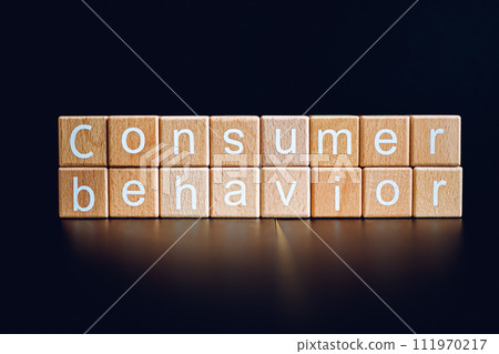 Wooden blocks form the text "Consumer behavior" against a black background. 111970217