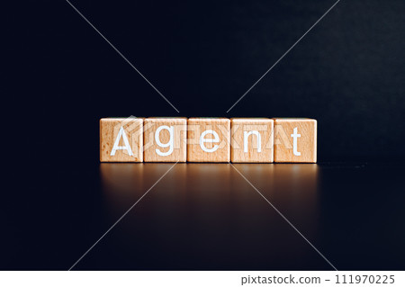Wooden blocks form the text "Agent" against a black background. 111970225