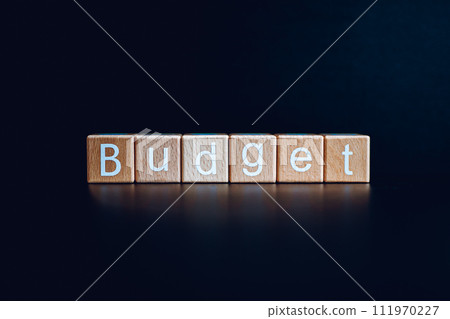 Wooden blocks form the text "Budget" against a black background. 111970227