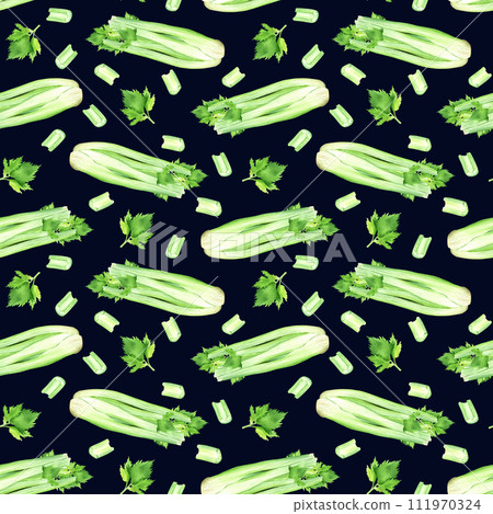Watercolor seamless repeat pattern with green vegetable celery and leaves. Hand drawn food illustration. For wrapping wallpaper fabric textile 111970324