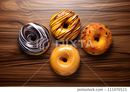 Four frosted donuts on a wooden background, isolated 111970521