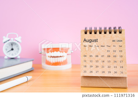 August monthly desk calendar for 2024 year and model dentures on the table. August monthly desk calendar for 2024 year and model dentures on the table. 111971316