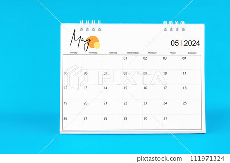 May 2024, Monthly desk calendar for 2024 year on Blue background. May 2024, Monthly desk calendar for 2024 year on Blue background. 111971324