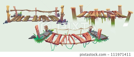Hanging old bridge with rope, stones and grass 111971411