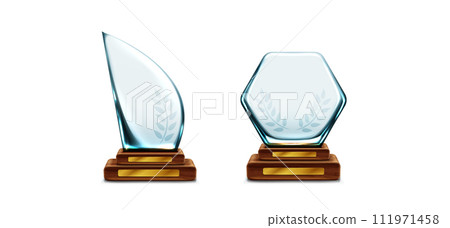 Glass trophy with laurel on wood stand with plate 111971458
