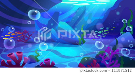 Seabed with corals and weeds, stones and bubbles. 111971512