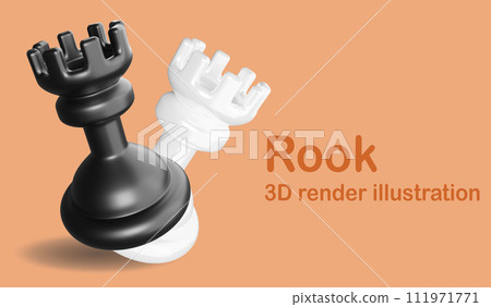 Rook chess piece banner and copy space on orange background , 3D render chess illustration concept 111971771